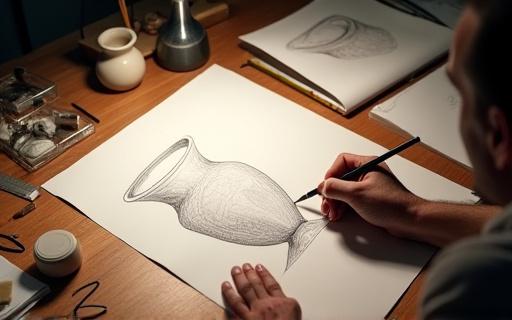 Un artigiano che disegna uno schizzo dettagliato di un vaso contemporaneo su un tavolo da lavoro colmo di attrezzi e bozze, in un ambiente creativo.